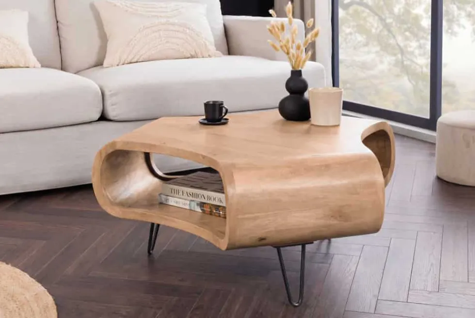 Couchtisch ORGANIC LIVING 90cm natur cream finish Mangoholz mit Hairpin Legs