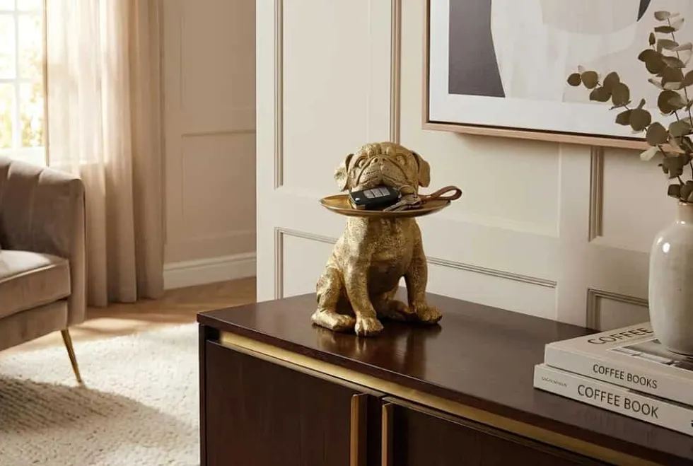Deko-Figur BULLDOG 35cm gold Spardose mit Ablageplatte handmade