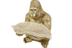 Deko-Figur GORILLA 40cm gold beige handmade mit Schale im Blatt-Design
