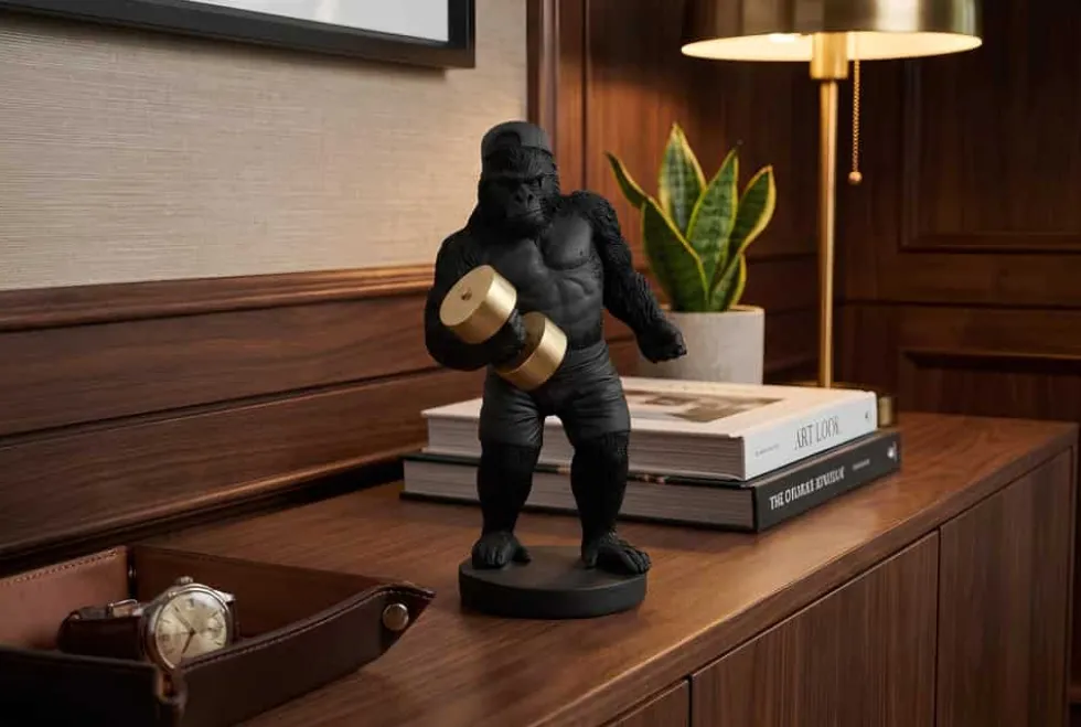 Deko-Figur KING APE 30cm schwarz gold Gorilla mit Hantel handmade