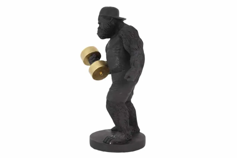 Deko-Figur KING APE 30cm schwarz gold Gorilla mit Hantel handmade