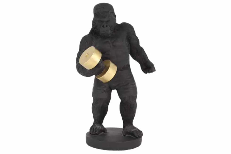 Deko-Figur KING APE 30cm schwarz gold Gorilla mit Hantel handmade
