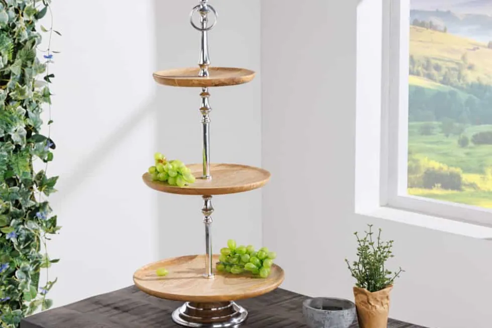 Dekorative Etagere PURE NATURE 68cm silber Mangoholz handmade drei Etagen