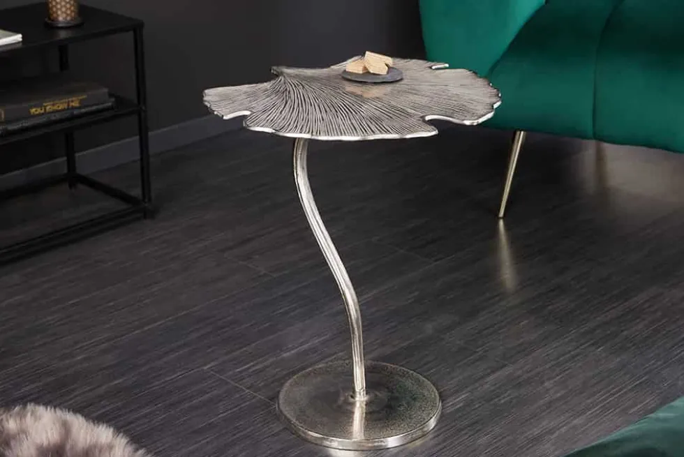 Dekorativer Beistelltisch GINKGO LEAF 55cm silber handmade Metall