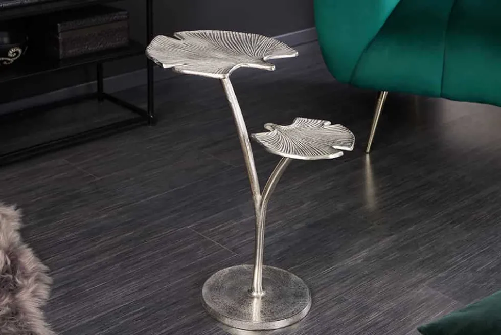 Dekorativer Beistelltisch GINKGO LEAFS 50cm silber handmade Metall