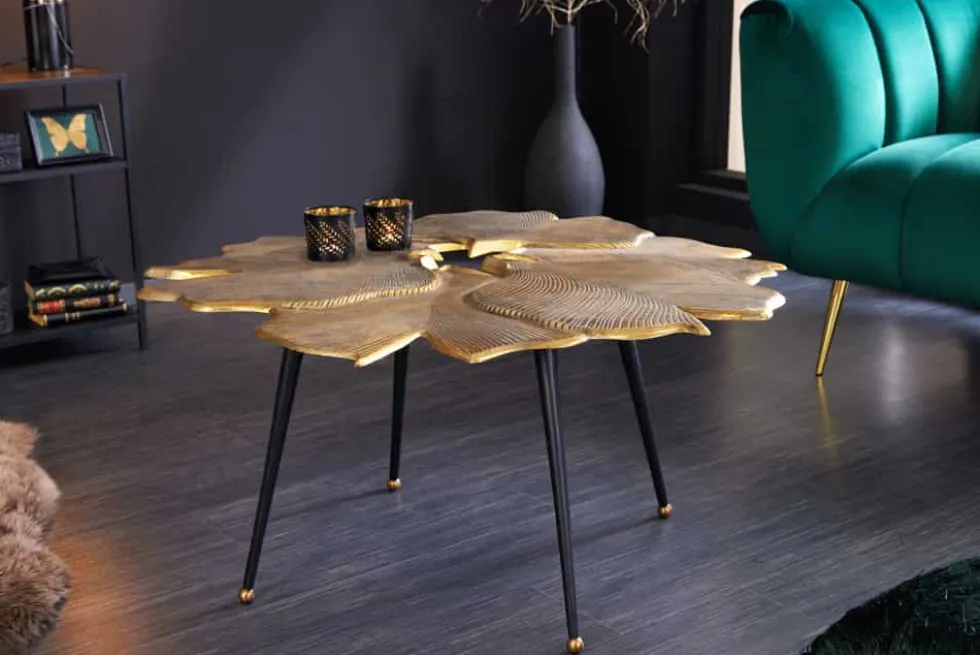 Dekorativer Couchtisch GINKGO 95cm gold schwarz handmade Metall