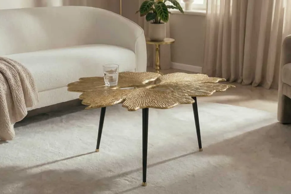 Dekorativer Couchtisch GINKGO LEAFS 75cm gold handmade Metall