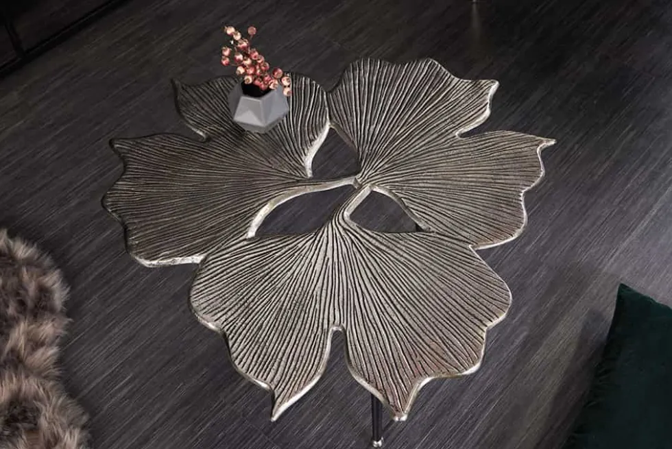 Dekorativer Couchtisch GINKGO LEAFS 75cm silber handmade Metall