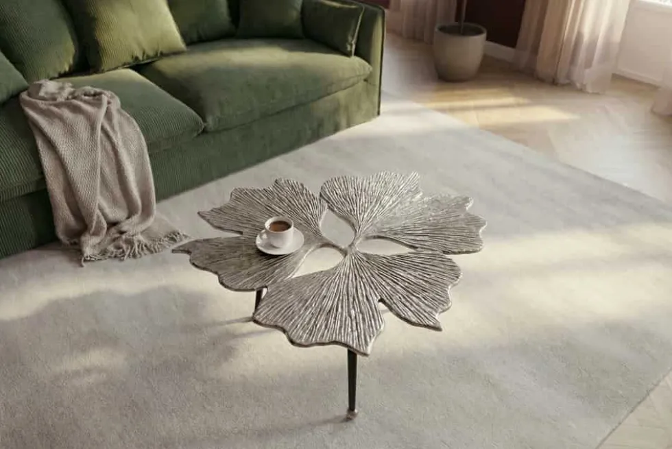 Dekorativer Couchtisch GINKGO LEAFS 75cm silber handmade Metall