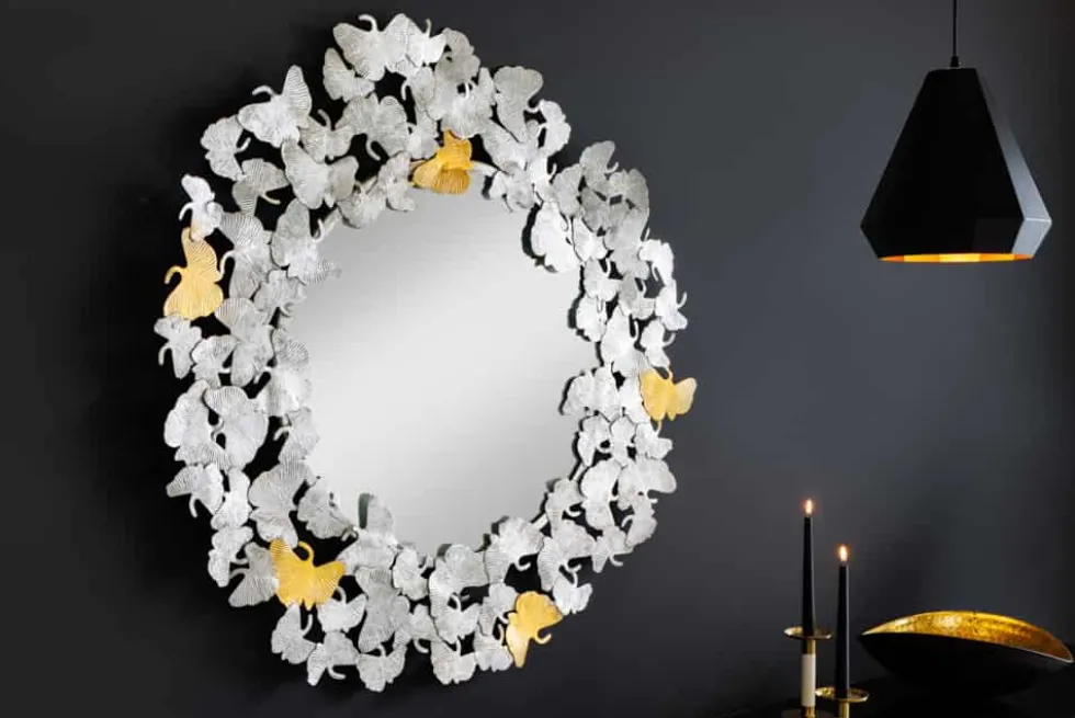 Dekorativer Wandspiegel GINKGO LEAFS XL 90cm gold silber rund aus Metall handmade