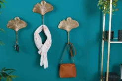 Dekoratives Kleiderhaken 3er Set GINKGO 30cm gold handmade Metall