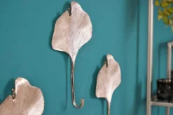 Dekoratives Kleiderhaken 3er Set GINKGO 30cm silber handmade Metall