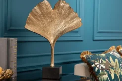 Dekorative Skulptur GINKGO LEAF 44cm gold handmade Metall mit Marmorsockel