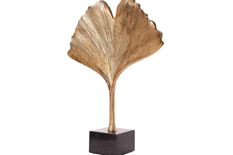 Dekorative Skulptur GINKGO LEAF 44cm gold handmade Metall mit Marmorsockel