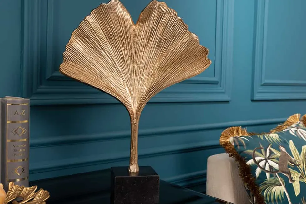 Dekorative Skulptur GINKGO LEAF 44cm gold handmade Metall mit Marmorsockel