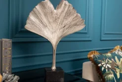 Dekorative Skulptur GINKGO LEAF 45cm silber handmade Metall mit Marmorsockel