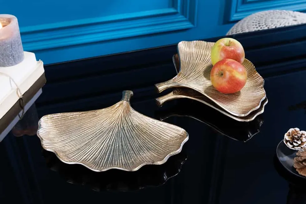 Dekoratives Schalen 3er Set GINKGO 30cm gold handmade Metall
