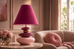 Dekorative Tischlampe STONES OF ECSTASY 60cm pink rosa gold mit Stoffschirm rund