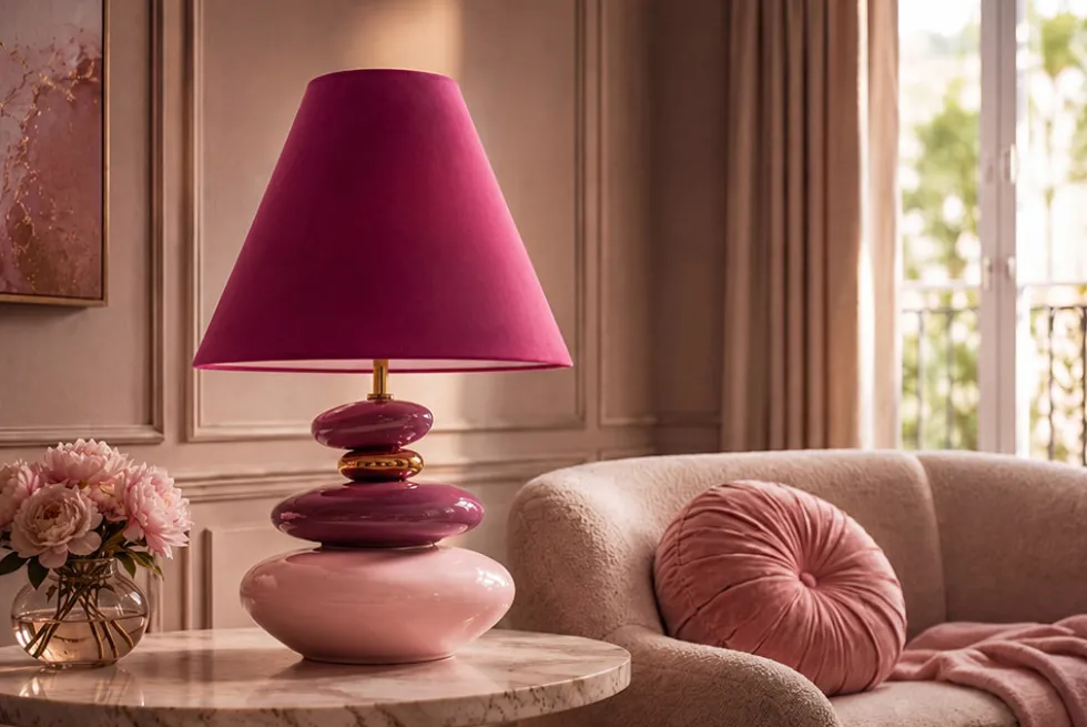 Dekorative Tischlampe STONES OF ECSTASY 60cm pink rosa gold mit Stoffschirm rund