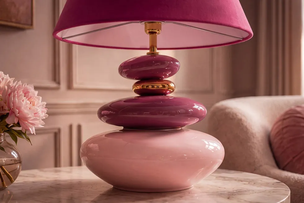 Dekorative Tischlampe STONES OF ECSTASY 60cm pink rosa gold mit Stoffschirm rund