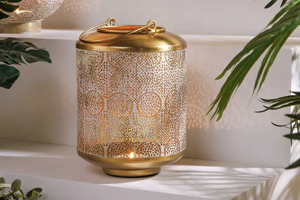 Deko Windlicht ORIENT 25cm gold Metall mit Patina handmade Laterne