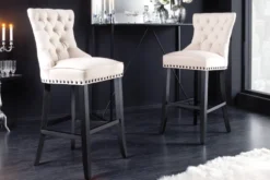Design Barhocker CASTLE beige schwarz Strukturstoff mit Lehne Holz Chesterfield