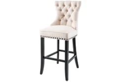 Design Barhocker CASTLE beige schwarz Strukturstoff mit Lehne Holz Chesterfield