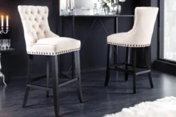 Design Barhocker CASTLE beige schwarz Strukturstoff mit Lehne Holz Chesterfield