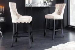 Design Barhocker CASTLE beige schwarz Strukturstoff mit Lehne Holz Chesterfield