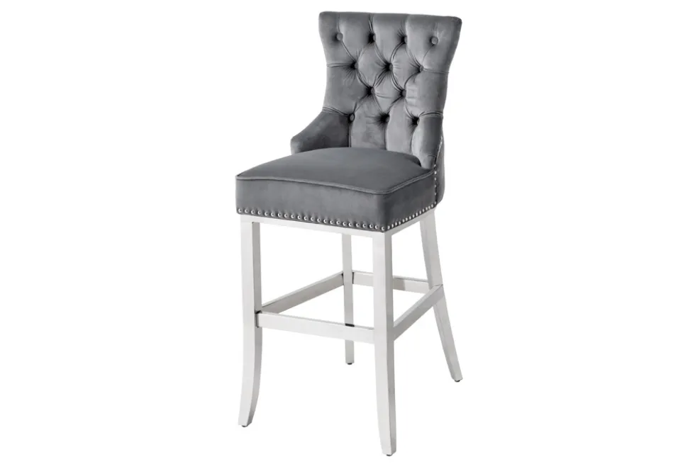 Design Barhocker CASTLE DELUXE grau Samt silber Edelstahl mit Lehne Chesterfield