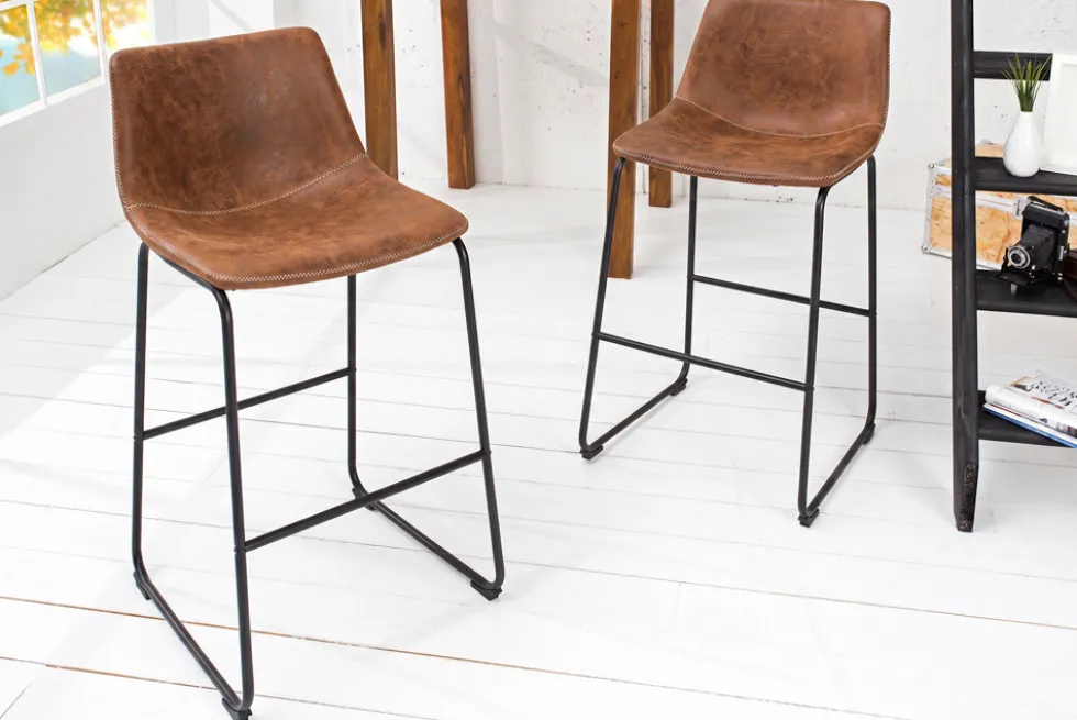 Design Barhocker DJANGO vintage braun Microfaser mit Lehne Eisengestell schwarz