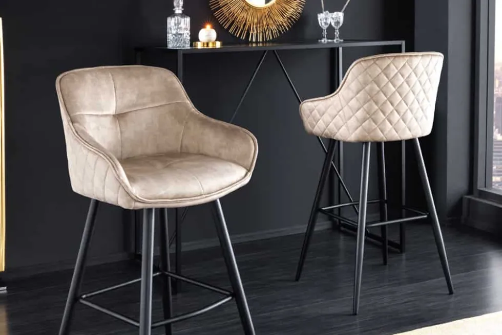 Design Barhocker EUPHORIA champagner greige Samt schwarze Metallbeine Barstuhl mit Lehne
