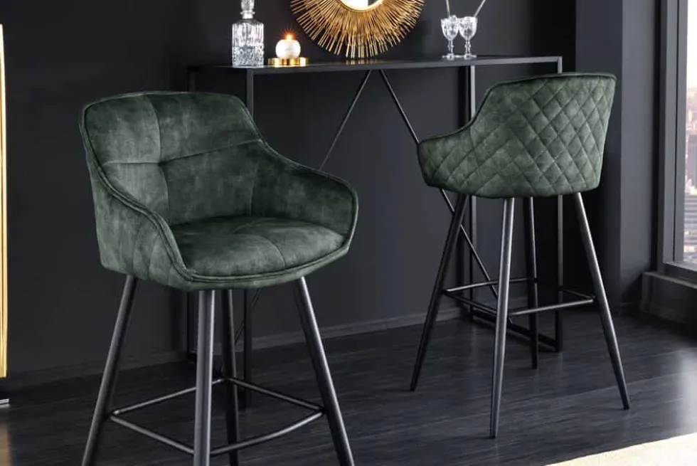 Design Barhocker EUPHORIA dunkelgrün Samt schwarze Metallbeine Barstuhl mit Lehne