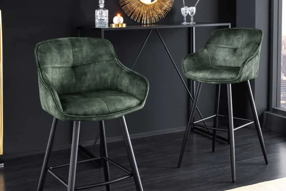 Design Barhocker EUPHORIA dunkelgrün Samt schwarze Metallbeine Barstuhl mit Lehne