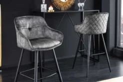 Design Barhocker EUPHORIA grau Samt schwarze Metallbeine Barstuhl mit Lehne