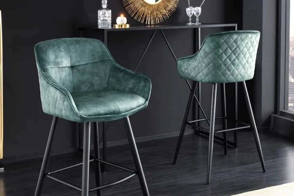 Design Barhocker EUPHORIA petrol Samt schwarze Metallbeine Barstuhl mit Lehne