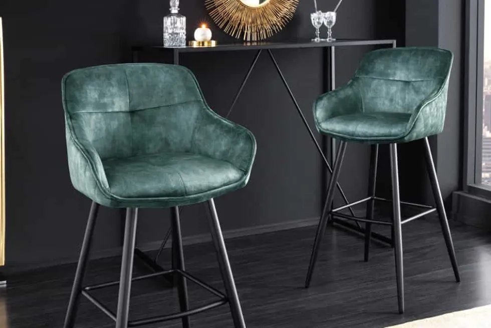 Design Barhocker EUPHORIA petrol Samt schwarze Metallbeine Barstuhl mit Lehne