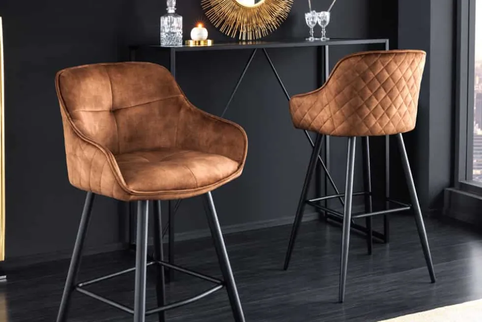 Design Barhocker EUPHORIA rost braun Samt schwarze Metallbeine Barstuhl mit Lehne