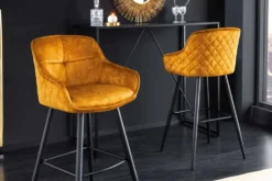 Design Barhocker EUPHORIA senfgelb Samt schwarze Metallbeine Barstuhl mit Lehne