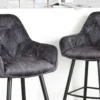 Design Barhocker MILANO grau Samt Barstuhl mit Lehne Metall schwarz Chesterfield-Steppung