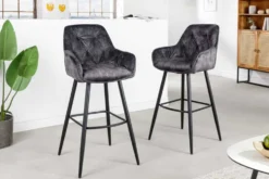 Design Barhocker MILANO grau Samt Barstuhl mit Lehne Metall schwarz Chesterfield-Steppung
