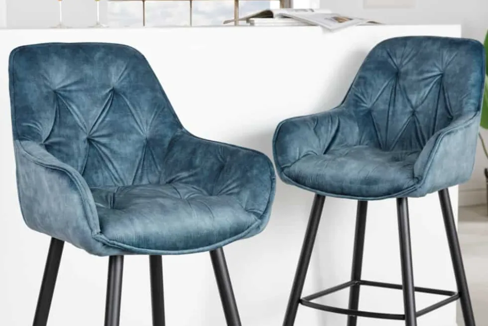 Design Barhocker MILANO petrol Samt Barstuhl mit Lehne Metall schwarz