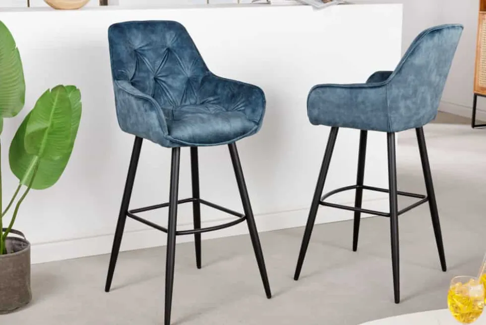 Design Barhocker MILANO petrol Samt Barstuhl mit Lehne Metall schwarz