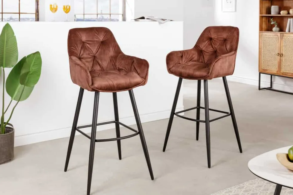 Design Barhocker MILANO rost braun Samt Barstuhl mit Lehne Metall schwarz Chesterfield-Steppung
