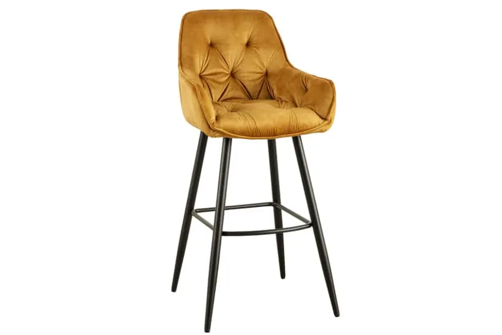 Design Barhocker MILANO senfgelb Samt Barstuhl mit Lehne Metall schwarz