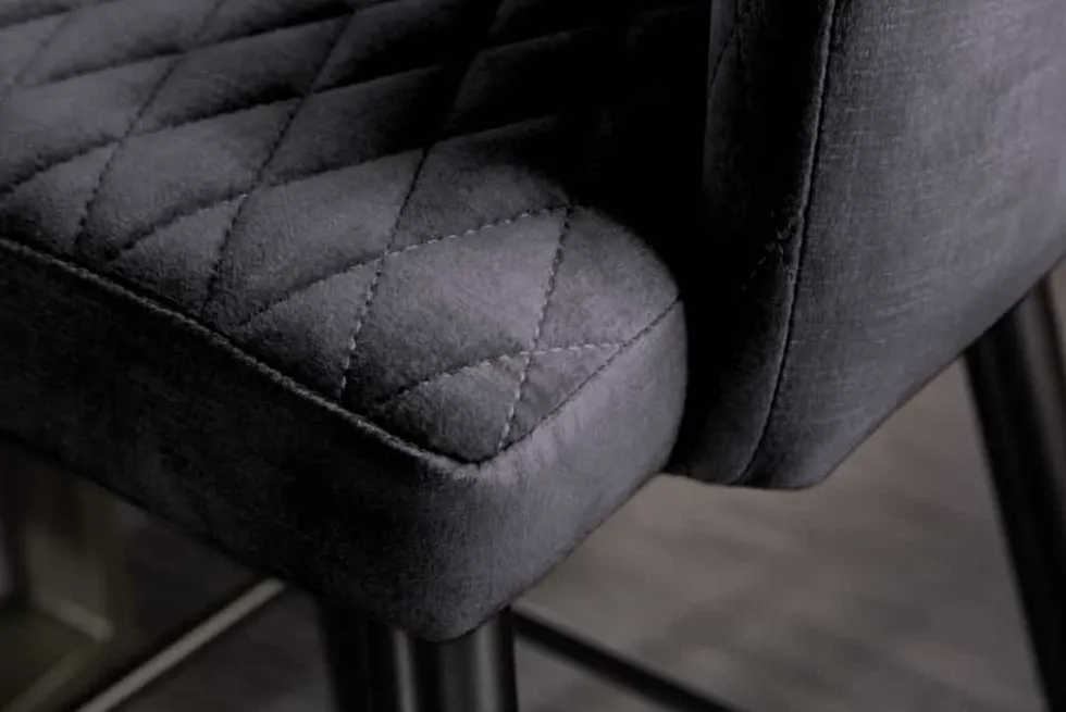 Design Barhocker PARIS grau Samt mit Lehne Metall schwarz gold Ziersteppung