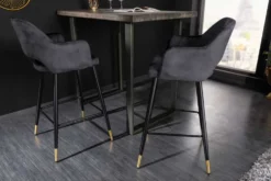 Design Barhocker PARIS grau Samt mit Lehne Metall schwarz gold Ziersteppung