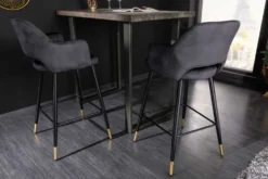 Design Barhocker PARIS grau Samt mit Lehne Metall schwarz gold Ziersteppung