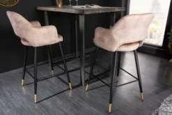 Design Barhocker PARIS greige Samt mit Lehne Metall schwarz gold Ziersteppung