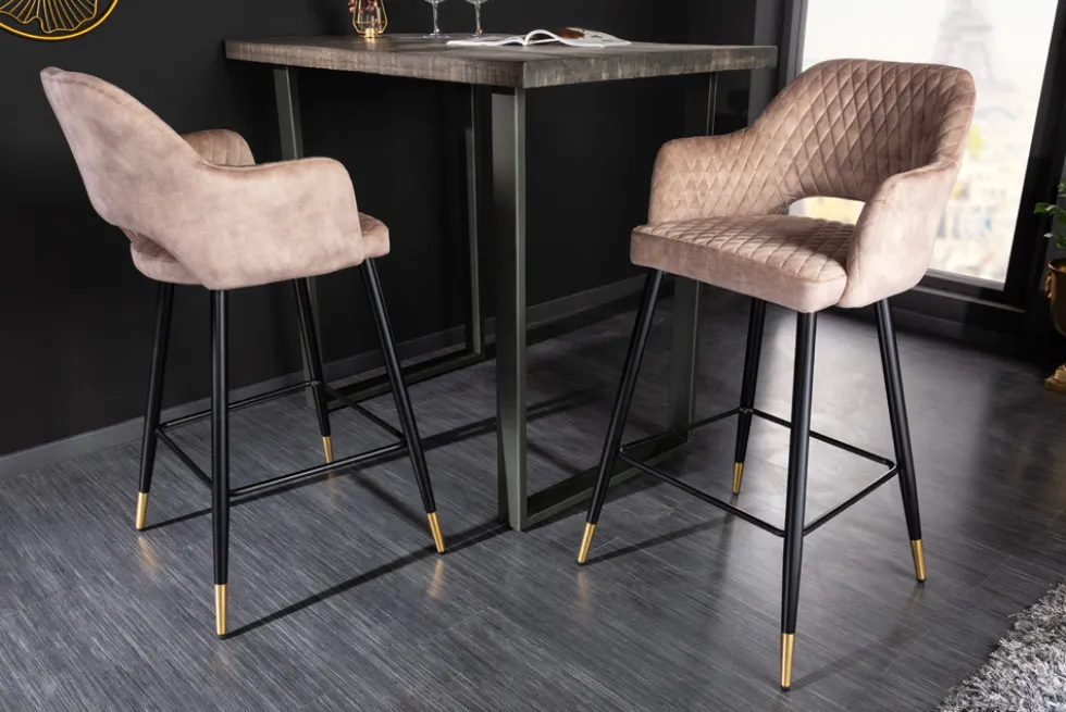 Design Barhocker PARIS greige Samt mit Lehne Metall schwarz gold Ziersteppung